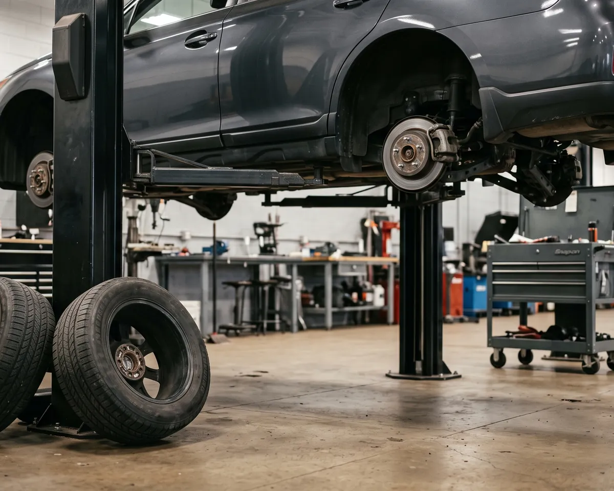 A bay in Detroit with a vehicle on the lift and all four wheels off